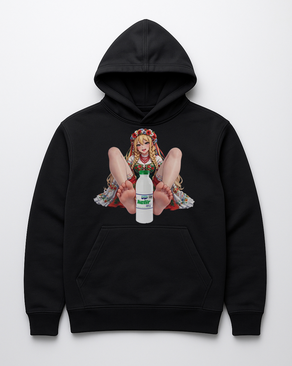 Hoodie z kolorową grafiką dziewczyny trzymającej butelkę mleka.