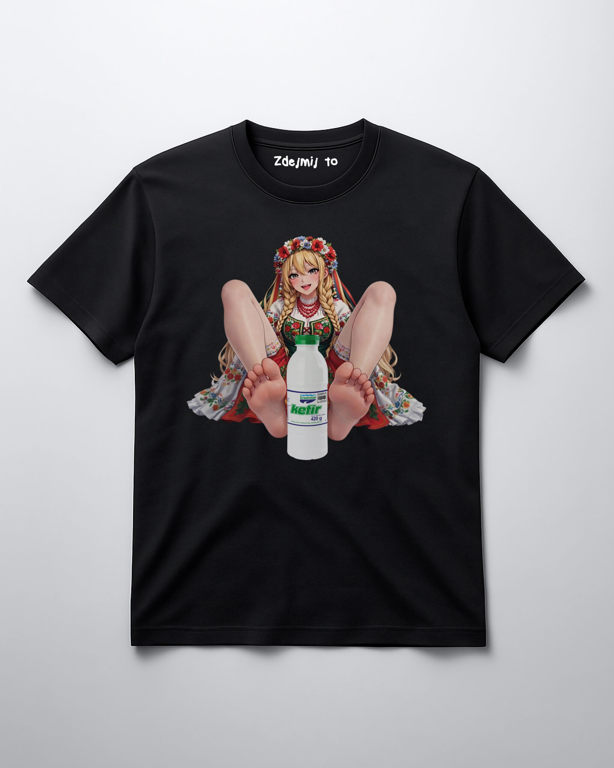 T-shirt z postacią w tradycyjnym stroju, trzymającą butelkę kefiru.