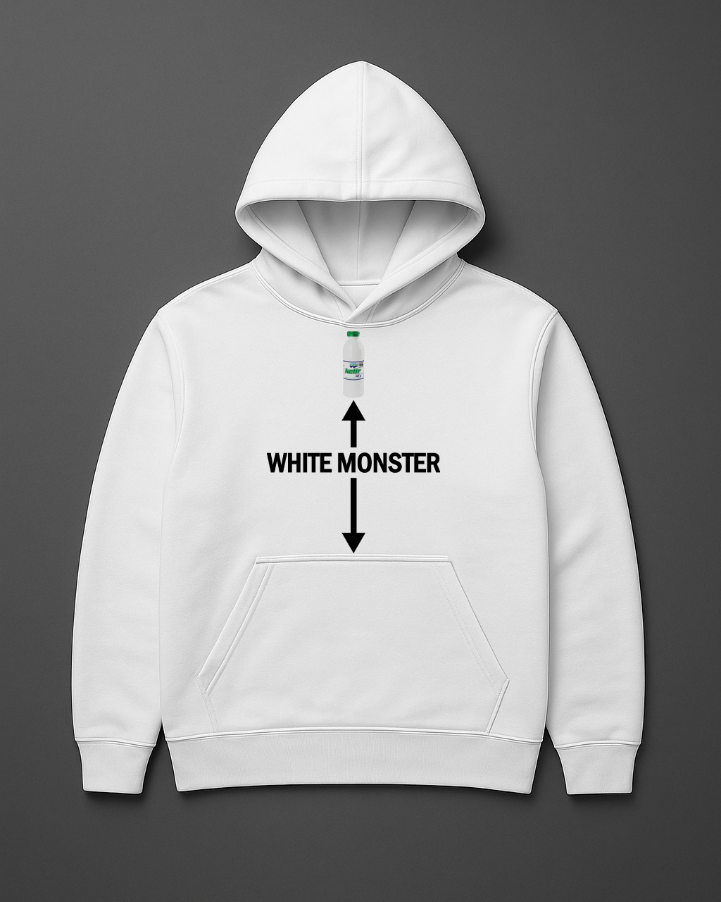 Biały hoodie z napisem WHITE MONSTER i grafiką butelki wody.