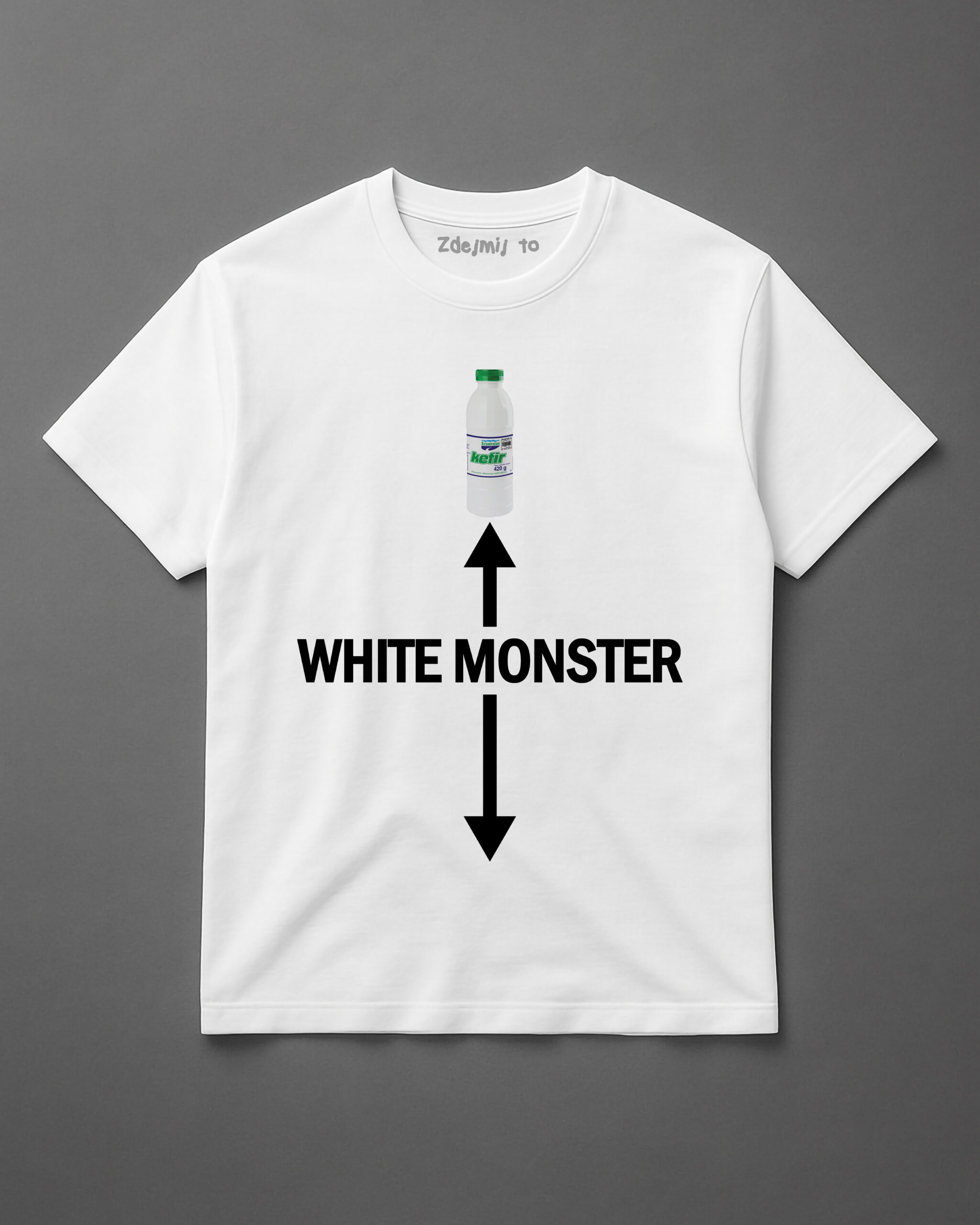Koszulka z napisem WHITE MONSTER i grafiką butelki kefiru.