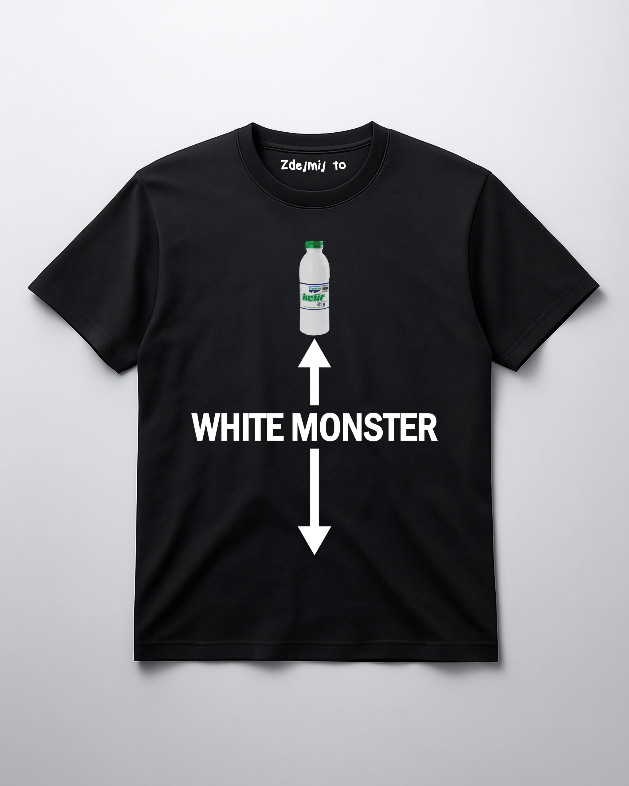 Koszulka z napisem WHITE MONSTER i grafiką butelki kefiru na czarnym tle.