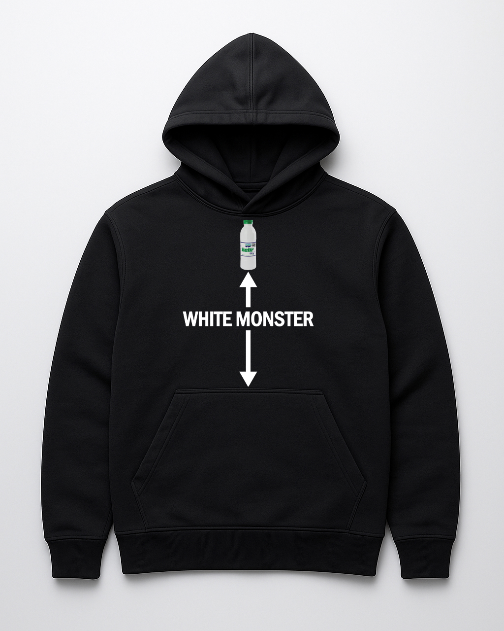 Czarna bluza z kapturem z napisem WHITE MONSTER i motywem butelki.