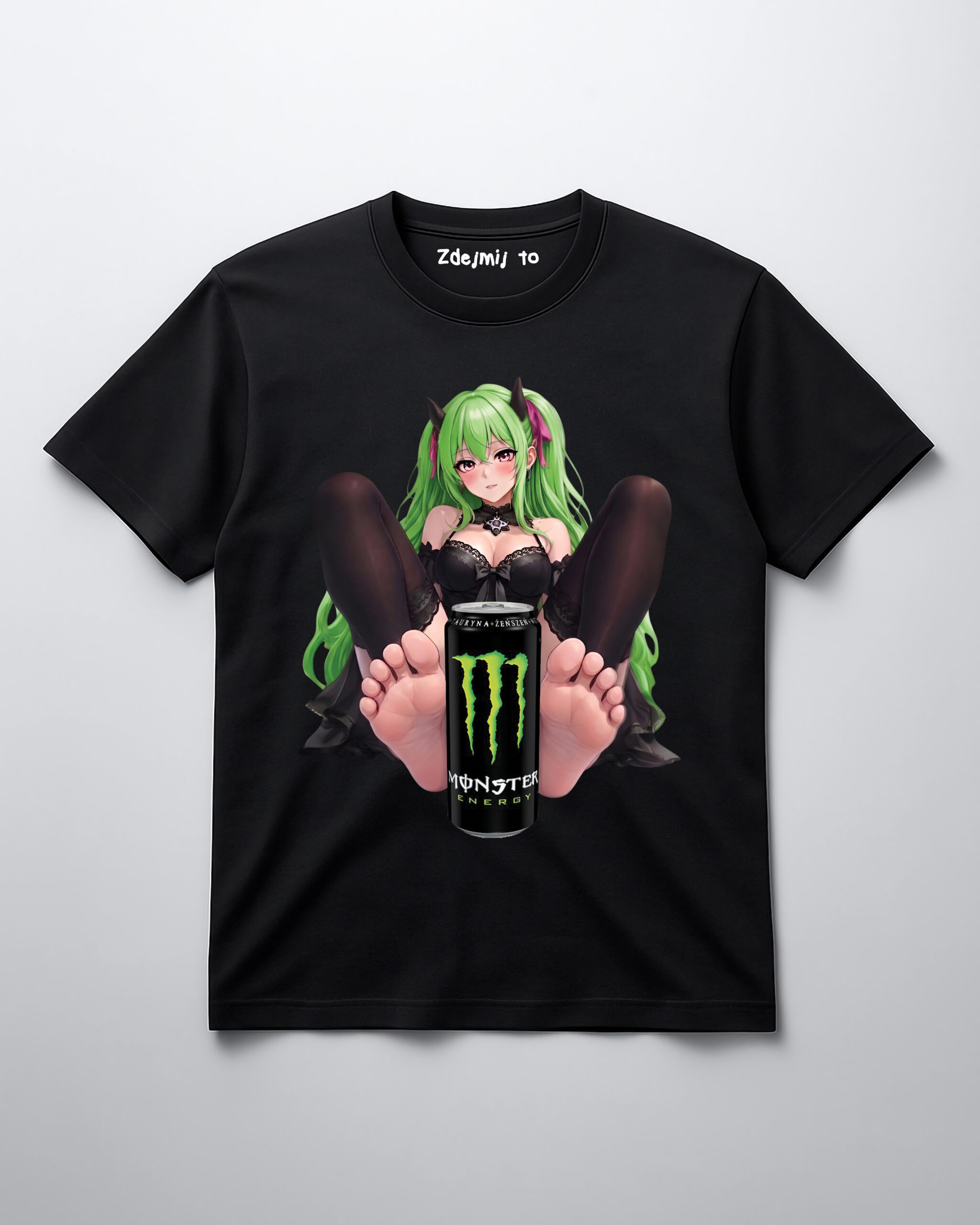 Koszulka z grafiką anime, zielonowłosą postacią i puszką Monster.