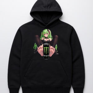 Hoodie z grafiką dziewczyny z zielonymi włosami i puszką Monster na czarnym tle.