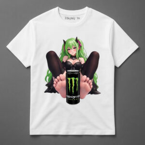 Koszulka z grafiką anime, postać z zielonymi włosami i puszką Monster.