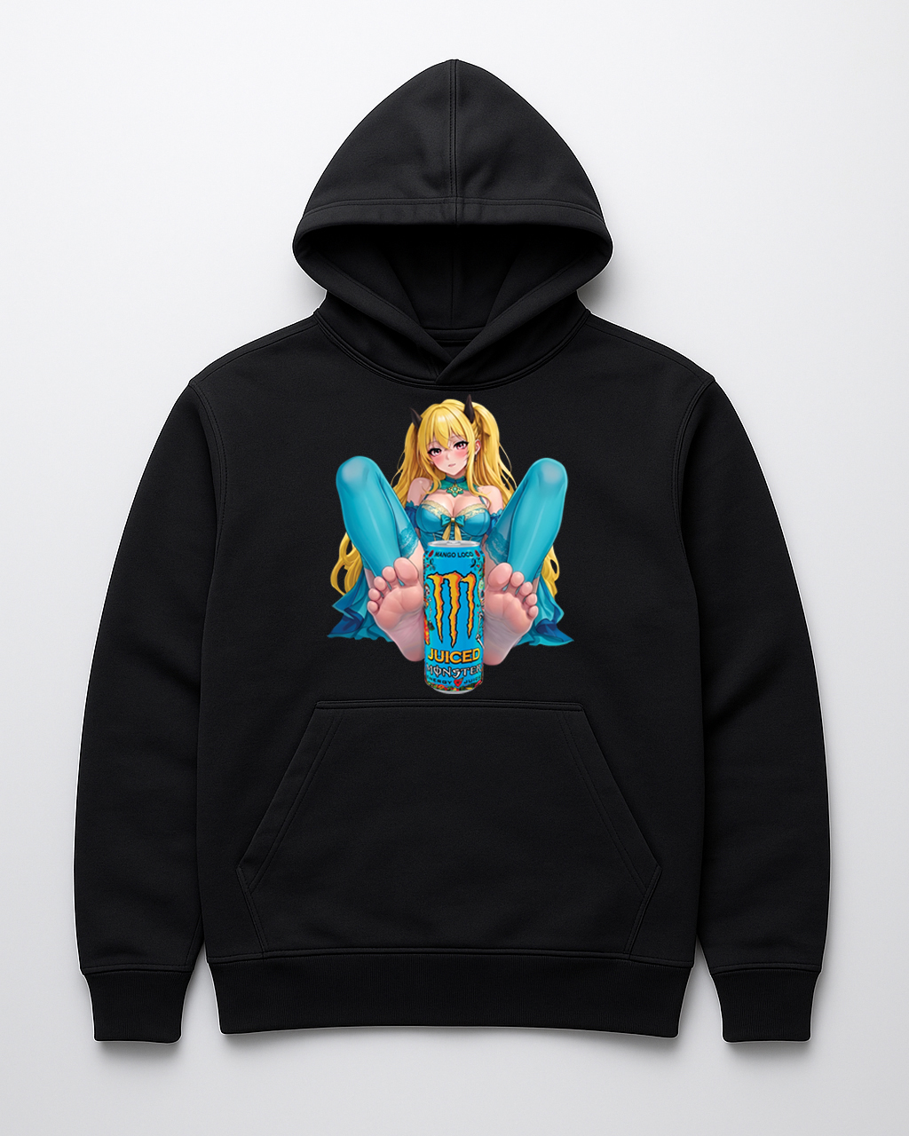 Hoodie z grafiką przedstawiającą postać anime oraz napój Monster.