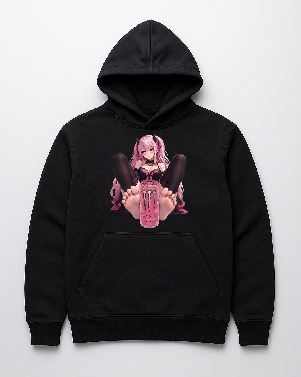 Bluza z kapturem z grafiką postaci z różowymi włosami i napojem Monster.