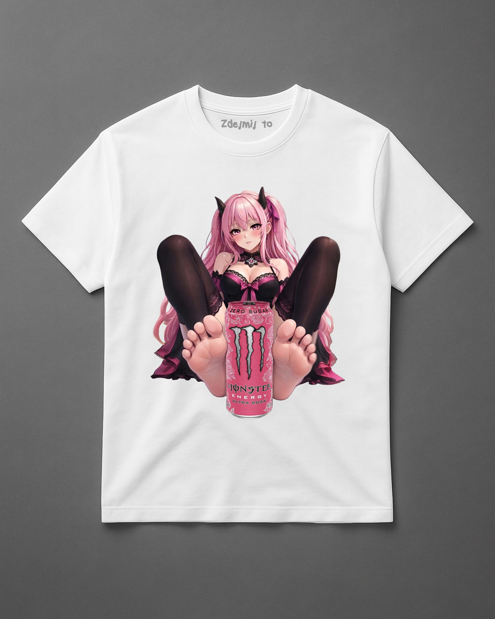 Koszulka z różowowłosą postacią anime i puszką napoju Monster.