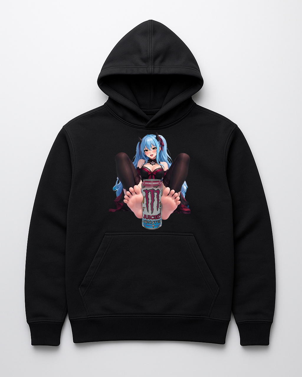 Bluza z kapturem czarna z grafiką anime i puszką napoju energetycznego.