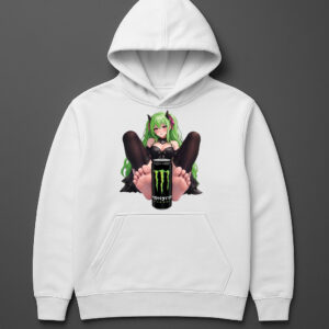 Bluza z kapturem z grafiką postaci z zielonymi włosami i puszką Monster.