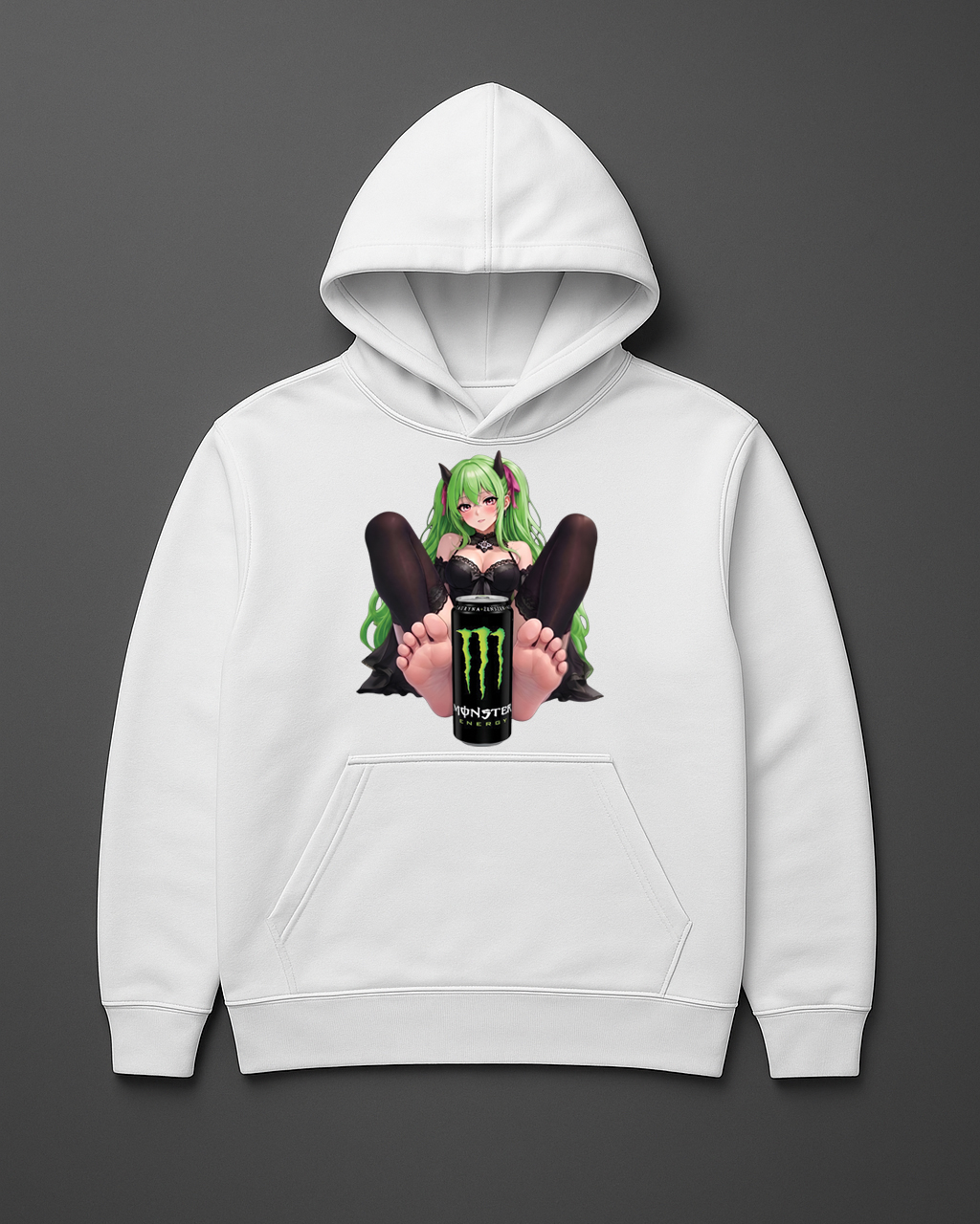 Bluza z kapturem z grafiką postaci z zielonymi włosami i puszką Monster.
