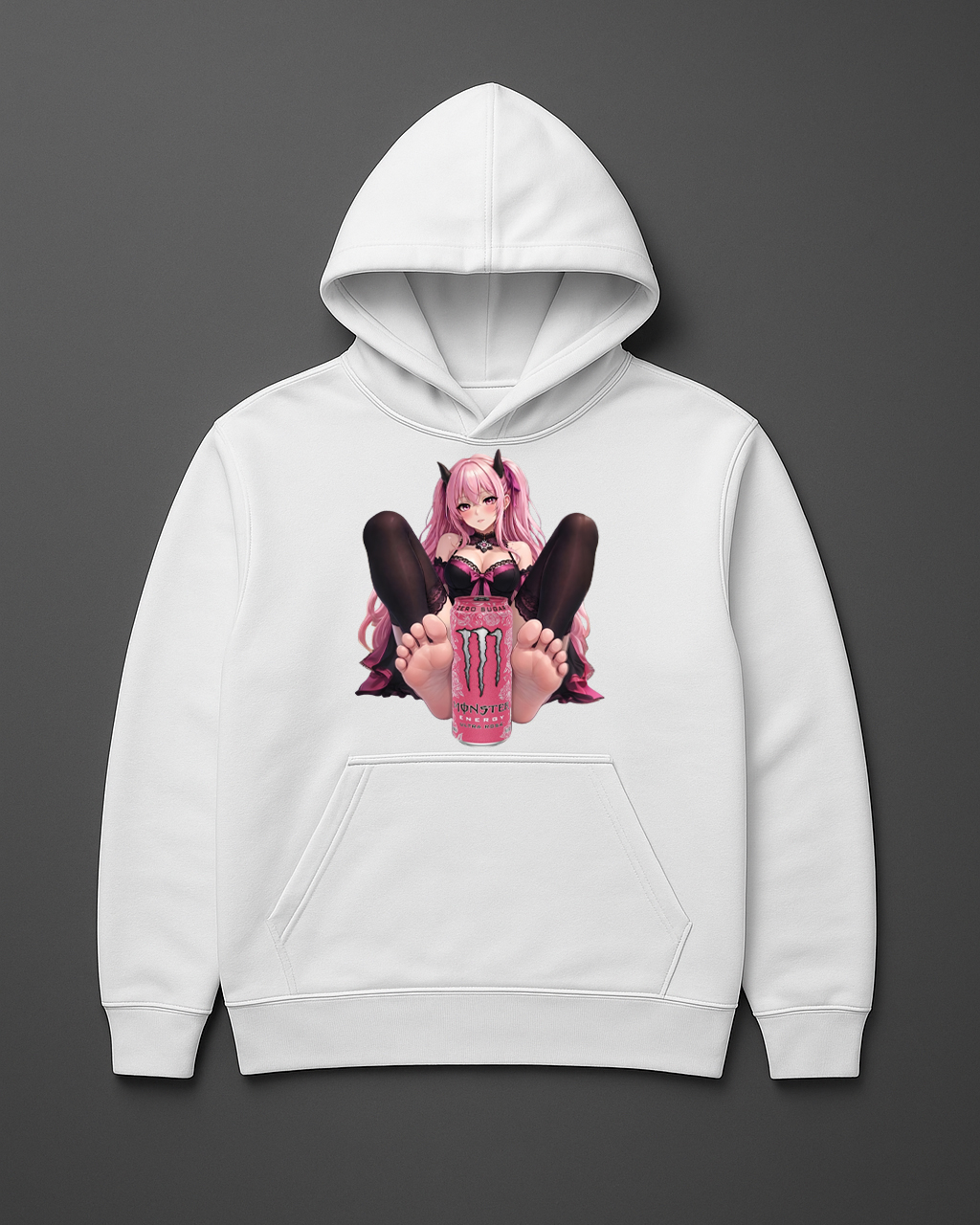 Bluzka z kapturem z grafiką dziewczyny o różowych włosach trzymającej napój energetyczny.