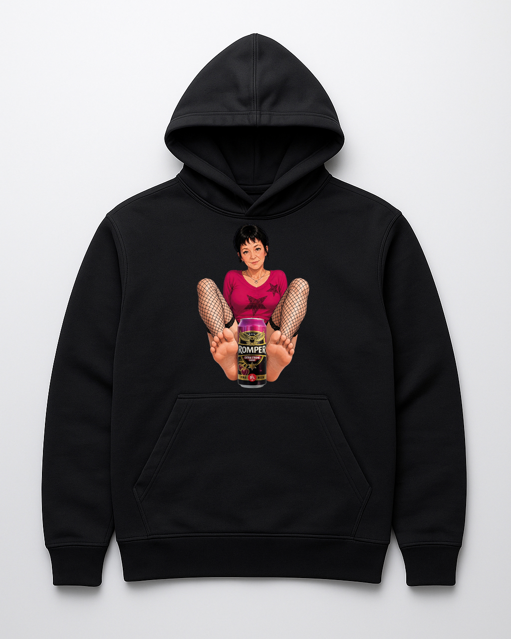 Hoodie z grafiką kobiety w różowej bluzce i rajstopach, trzymającej puszkę napoju.