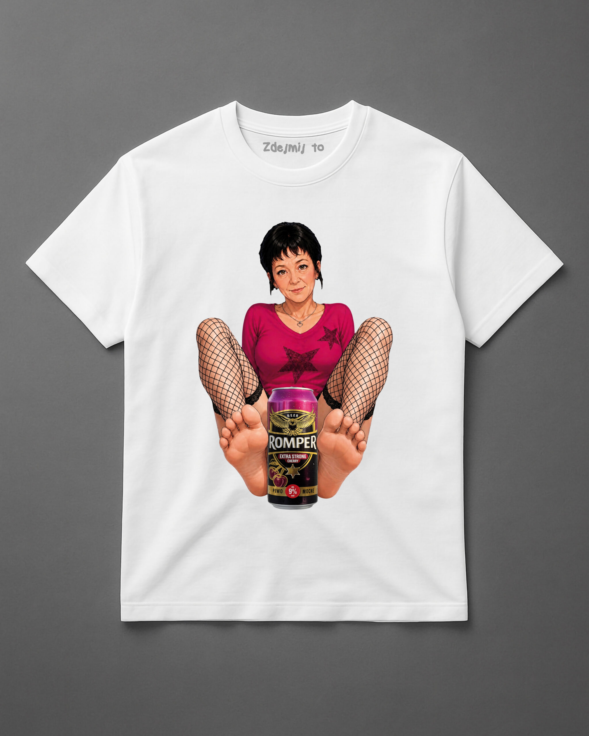 T-shirt z grafiką kobiety w różowej bluzce i czarnych rajstopach, trzymającej puszkę piwa.