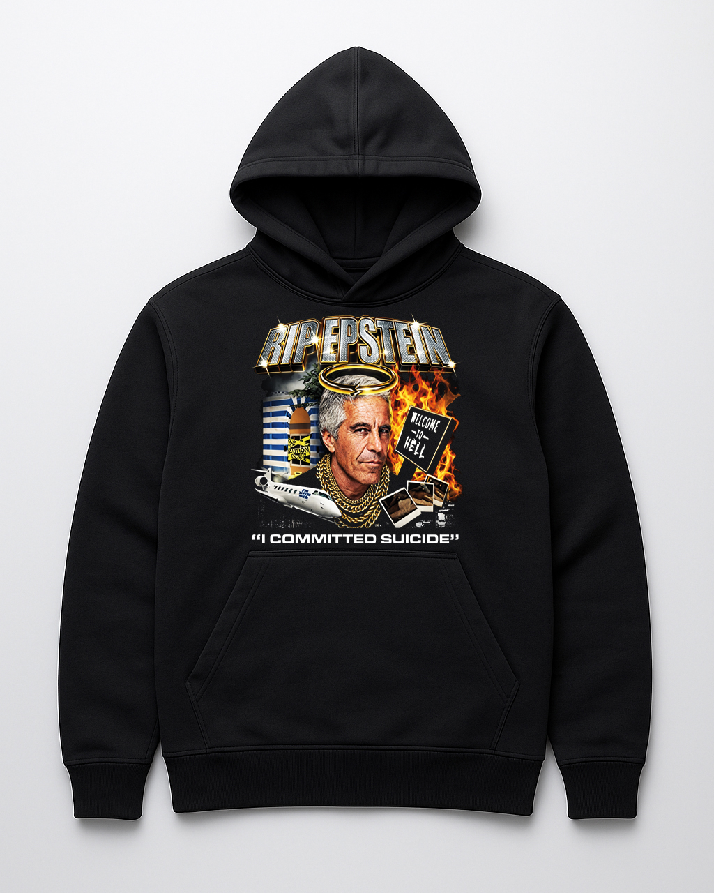 Hoodie z kontrowersyjnym nadrukiem przedstawiającym postać i hasła związane z samobójstwem.