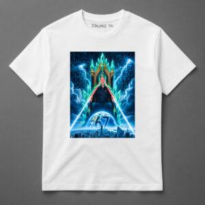 T-shirt z kolorowym nadrukiem przedstawiającym tajemniczą postać i liczby 67.