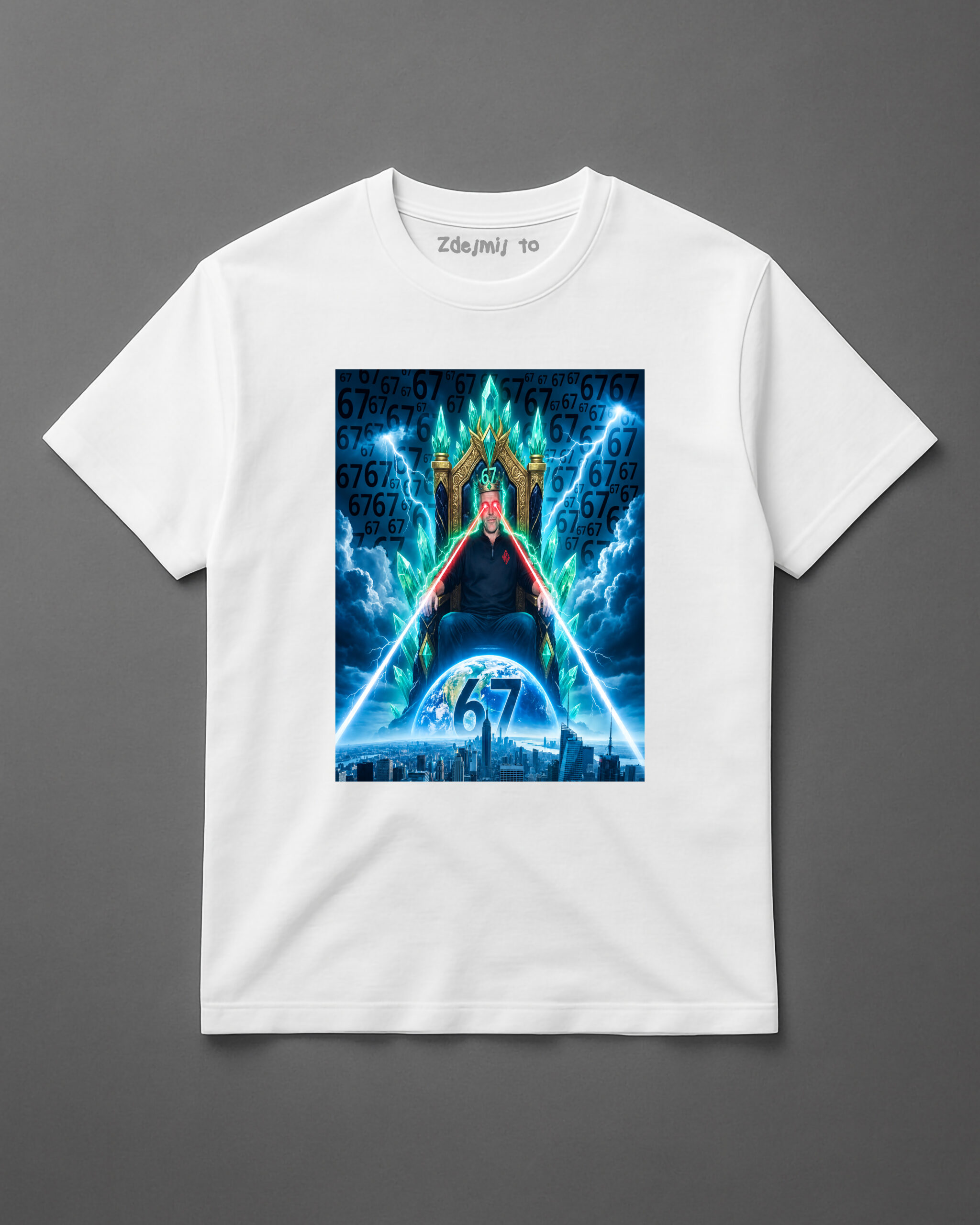 T-shirt z kolorowym nadrukiem przedstawiającym tajemniczą postać i liczby 67.