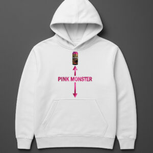 Bluza z kapturem z napisem PINK MONSTER i grafiką puszki napoju energetycznego.
