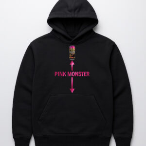 Czarna bluza z kapturem z napisem PINK MONSTER i grafiką puszki napoju.