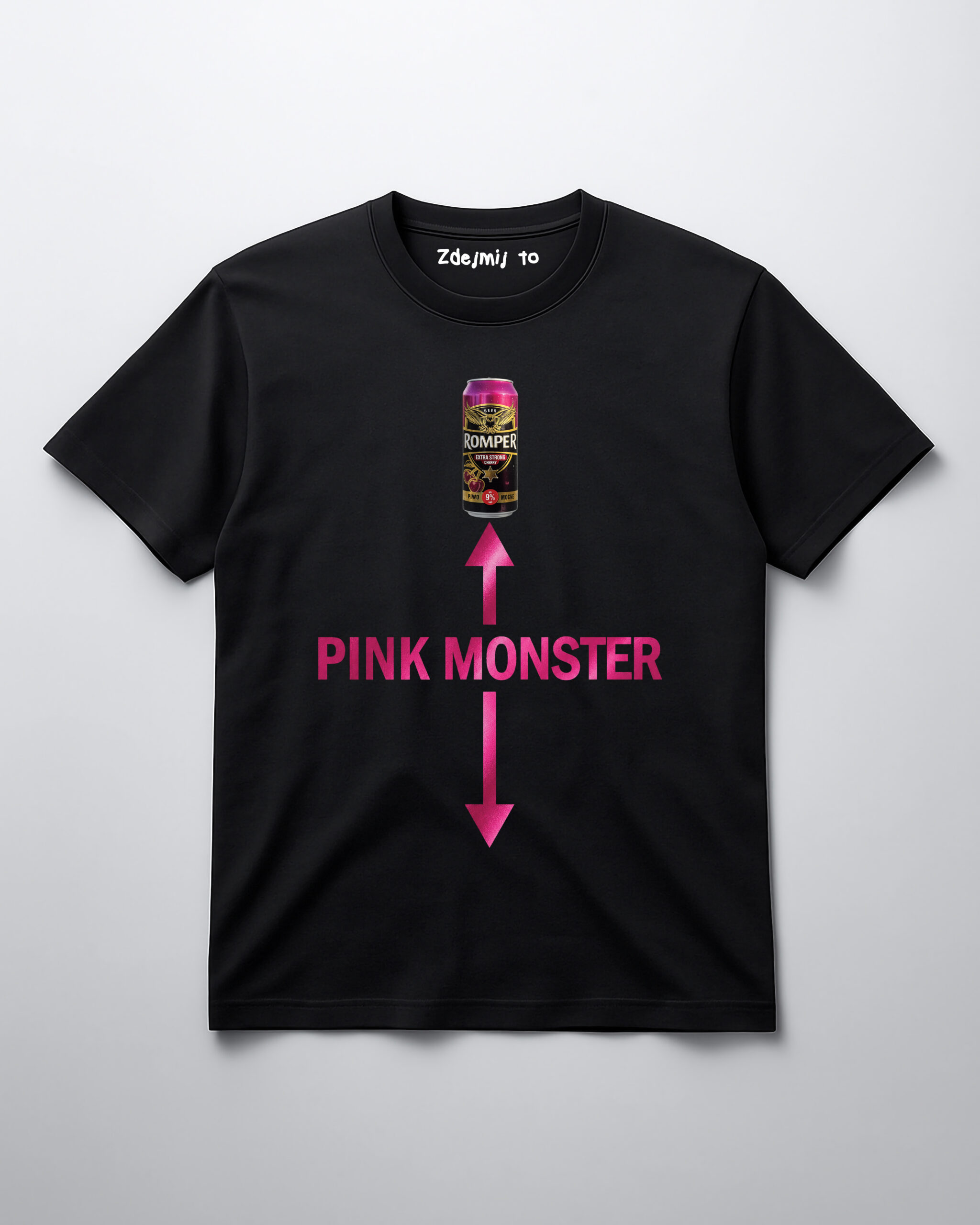 T-shirt z napisem PINK MONSTER i grafiką puszki napoju energetycznego.