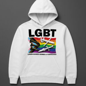 Klasyczna biała bluza z kapturem z grafiką LGBT i militarnymi motywami.