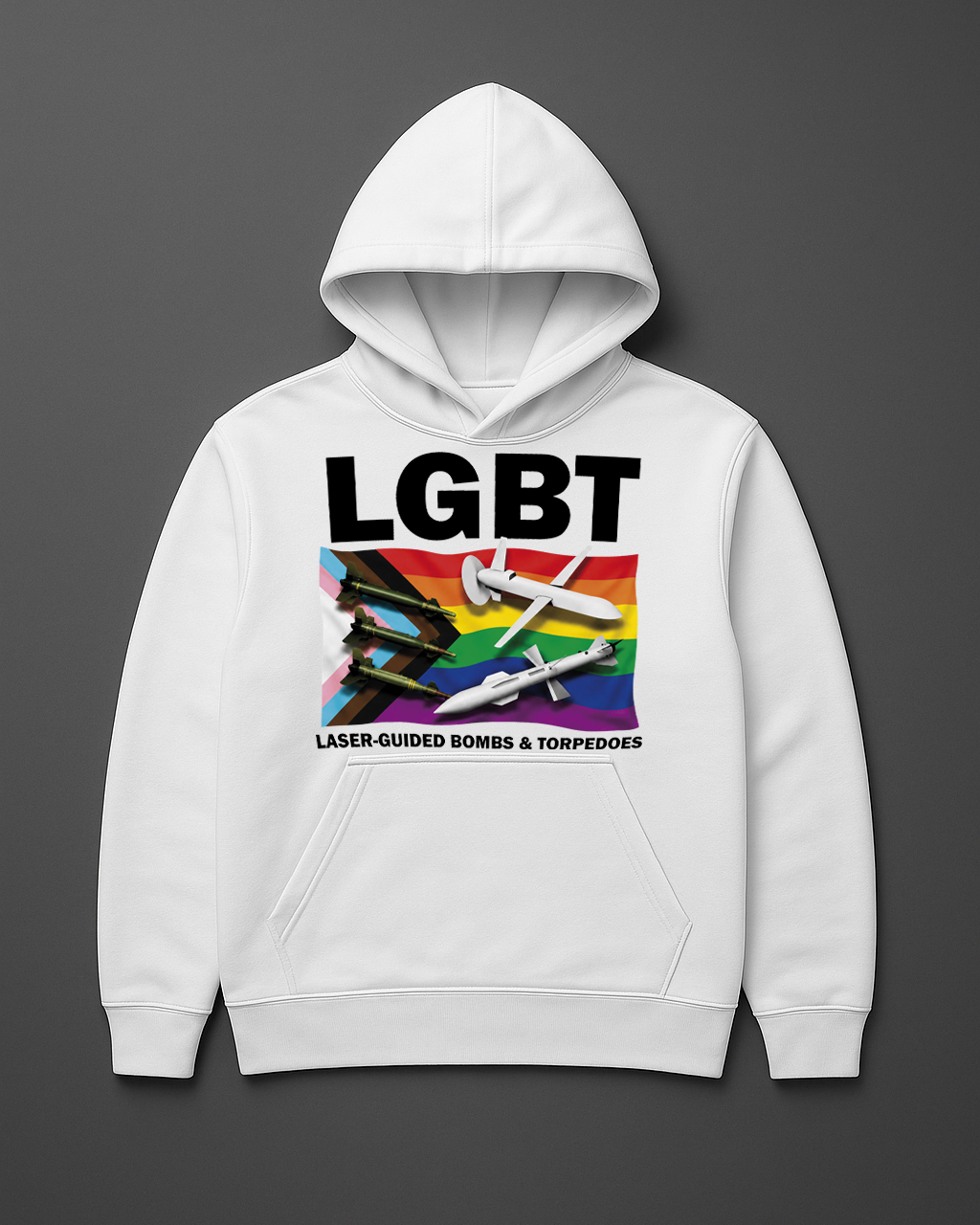 Klasyczna biała bluza z kapturem z grafiką LGBT i militarnymi motywami.