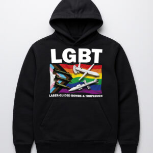 Czarny hoodie z napisem LGBT oraz grafiką z bronią na tęczowym tle.