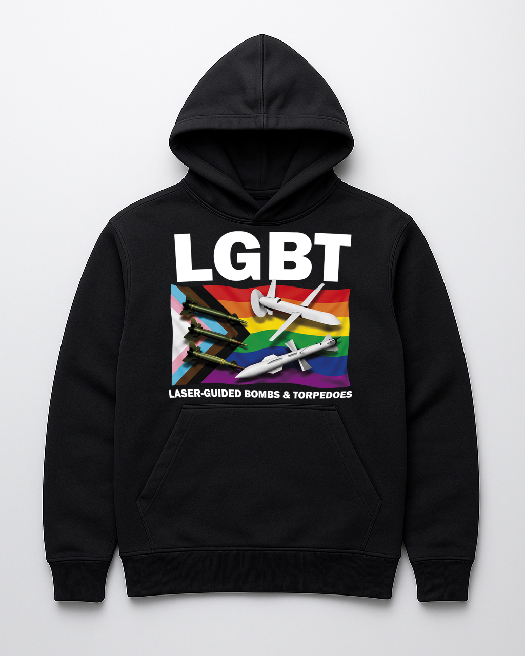 Czarny hoodie z napisem LGBT oraz grafiką z bronią na tęczowym tle.