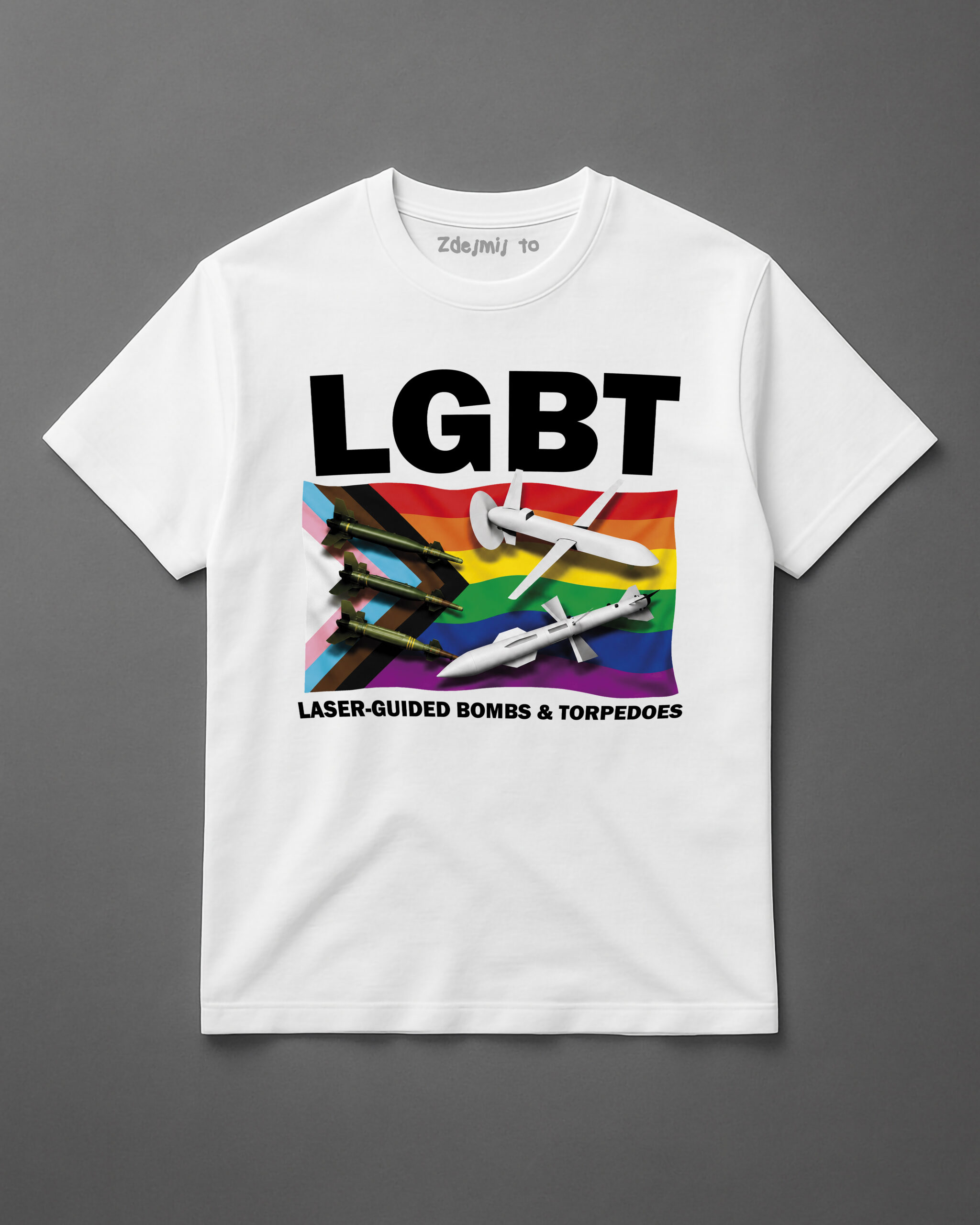 Koszulka z napisem LGBT oraz grafiką torped i bomb na tęczowym tle.