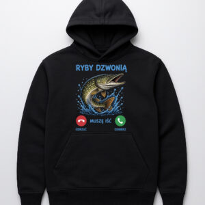 Bluza z kapturem z napisem Ryby dzwonią i grafiką ryby w wodzie.