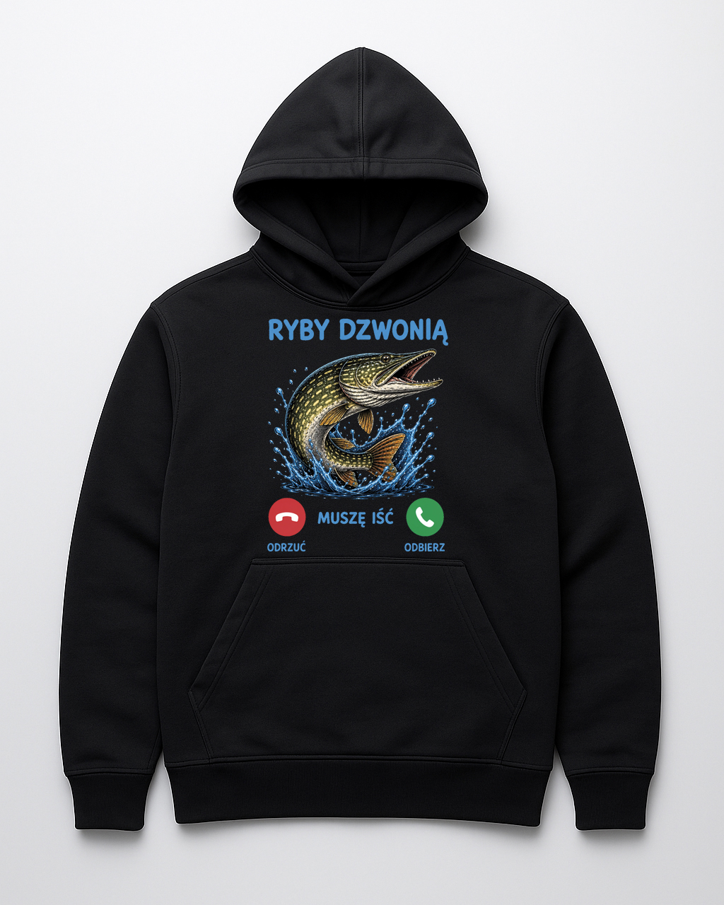 Bluza z kapturem z napisem Ryby dzwonią i grafiką ryby w wodzie.