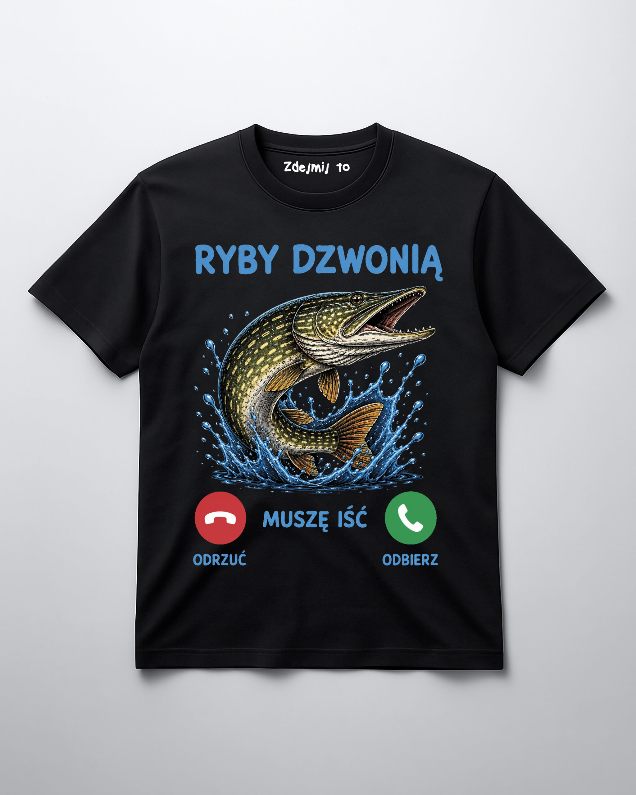 Koszulka z grafiką ryby i napisem Ryby dzwonią, muszę iść w stylu humorystycznym.