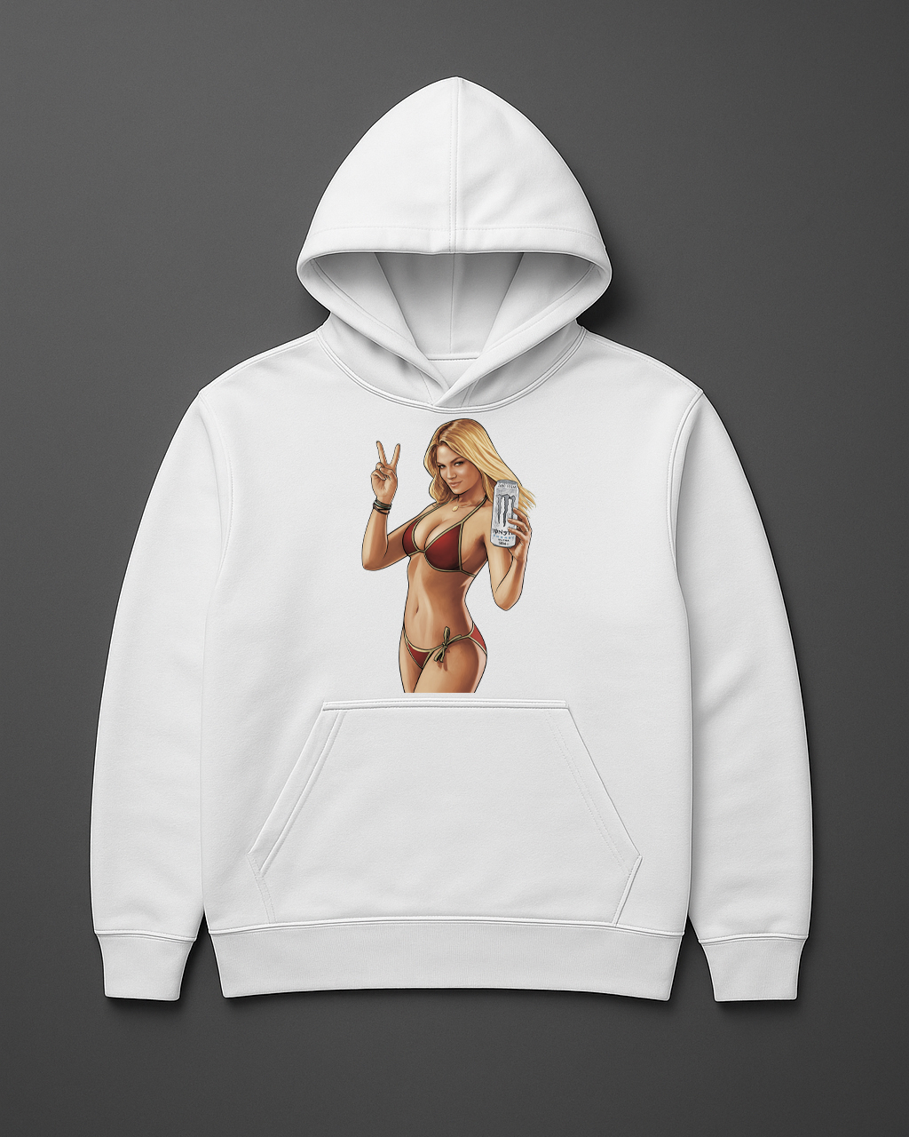 Stylowy biały hoodie z grafiką kobiety w bikini i napojem energetycznym.