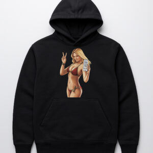 Hoodie z grafiką atrakcyjnej kobiety w bikini, trzymającej napój i wykonującej znak pokoju.
