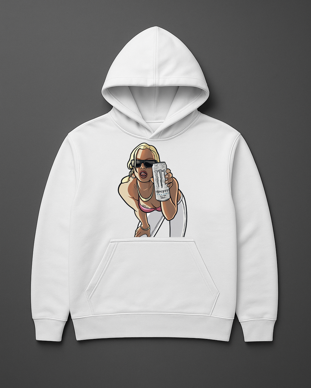 Hoodie z grafiką kobiety trzymającej napój energetyczny, stylizowanej na postać z gry.