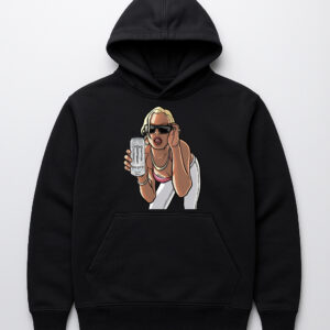 Kapturczysty czarny hoodie z grafiką postaci trzymającej napój energetyczny.