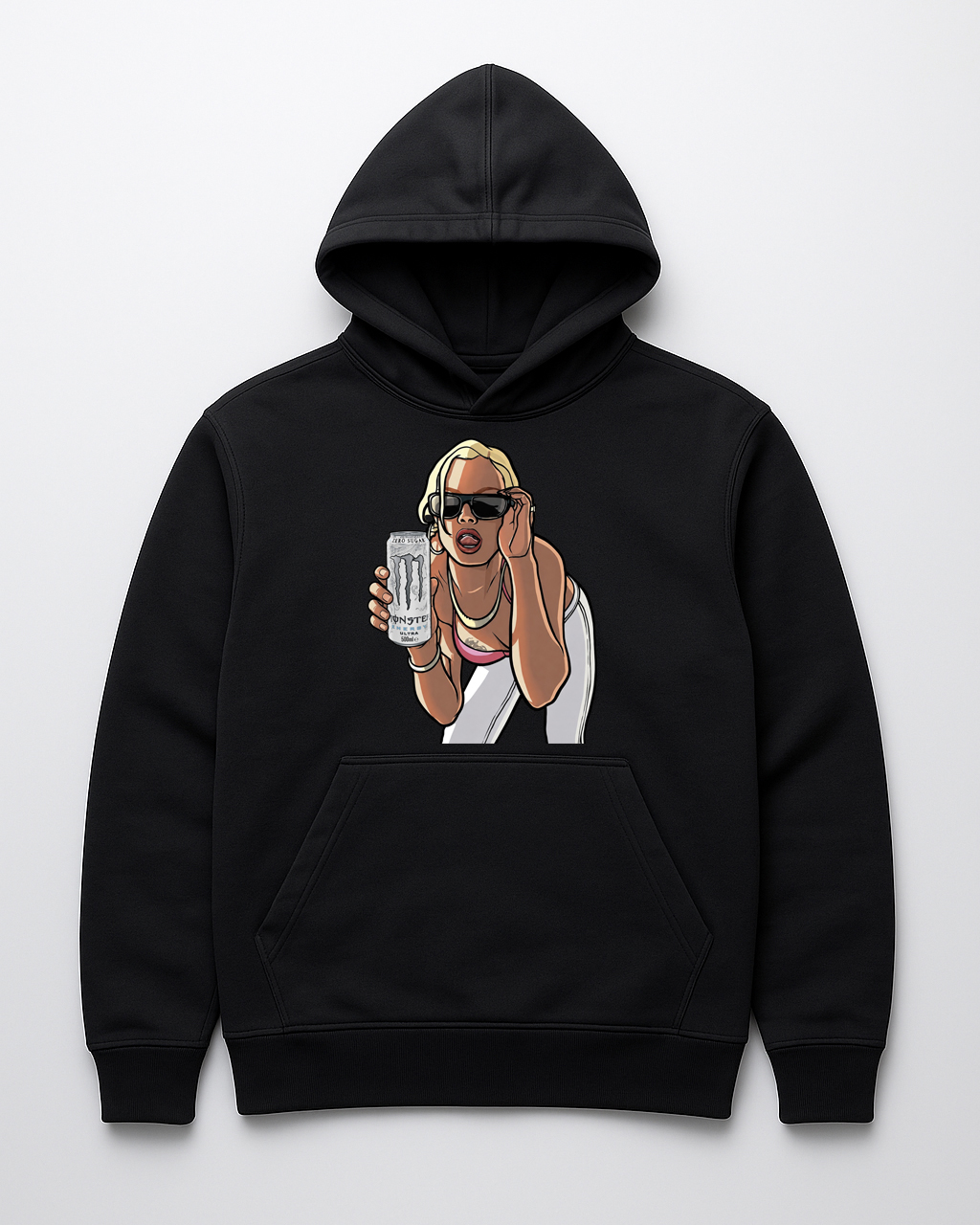 Kapturczysty czarny hoodie z grafiką postaci trzymającej napój energetyczny.