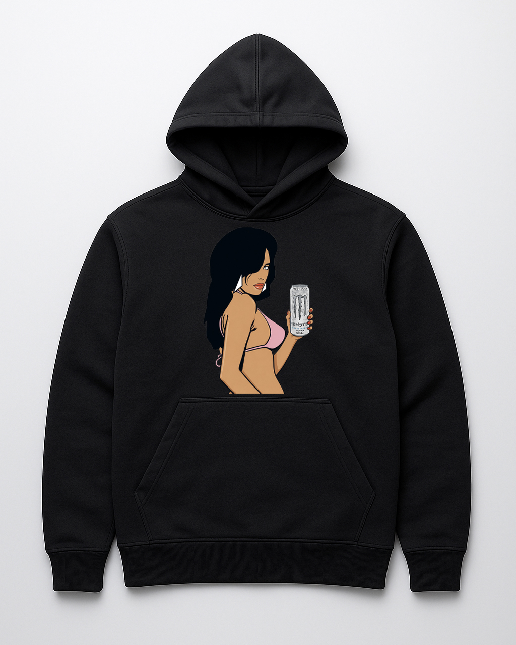 Hoodie z grafiką kobiety trzymającej napój energetyczny na czarnym tle.
