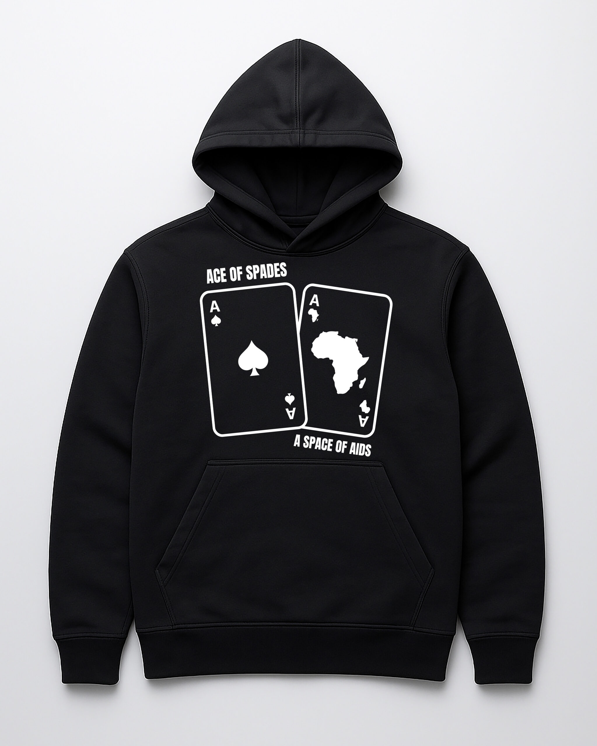Czarna bluza z kapturem z nadrukiem kart: ACE OF SPADES i A SPACE OF AIDS.