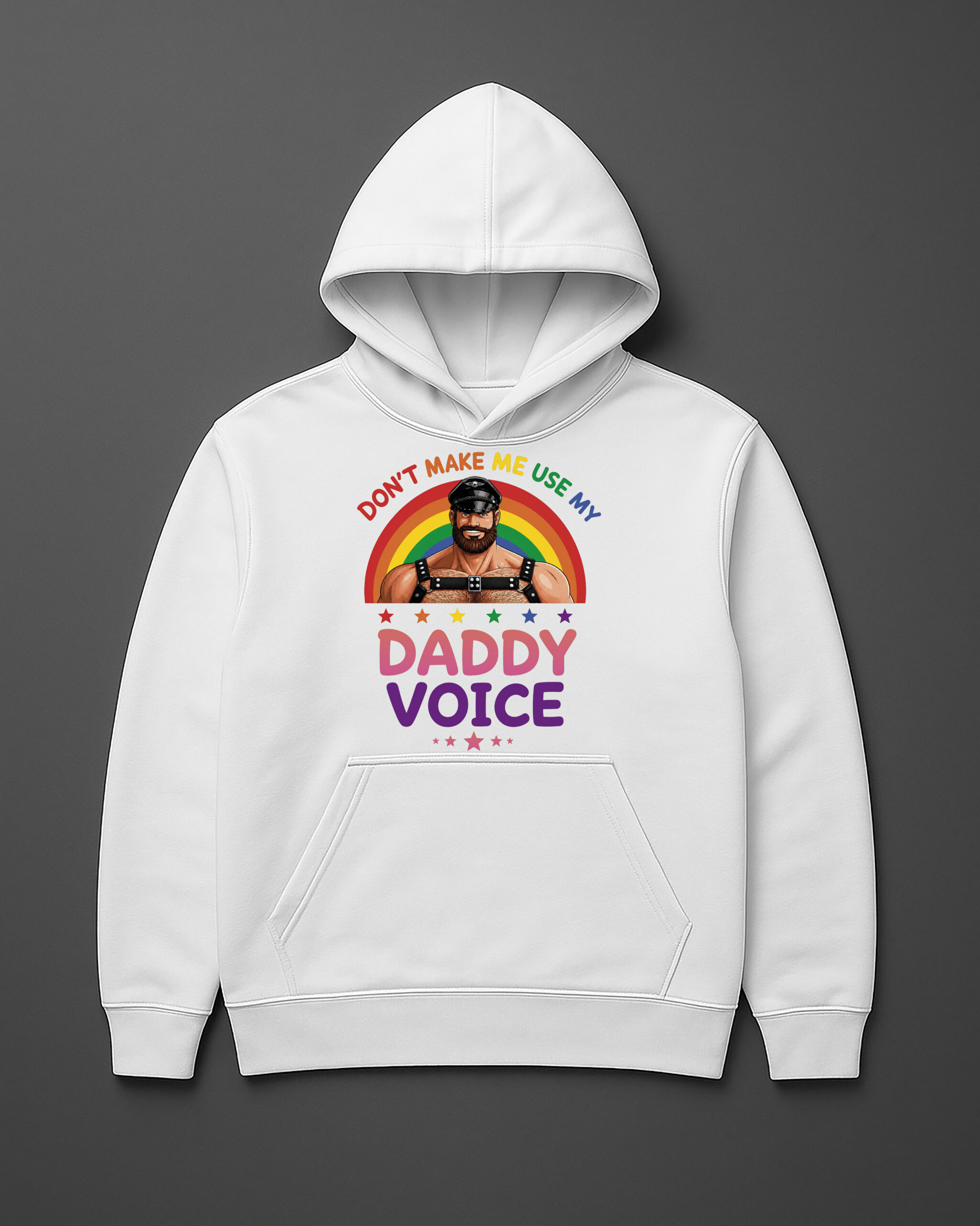 Bluza z kapturem z napisem Don't make me use my Daddy voice i grafiką mężczyzny.