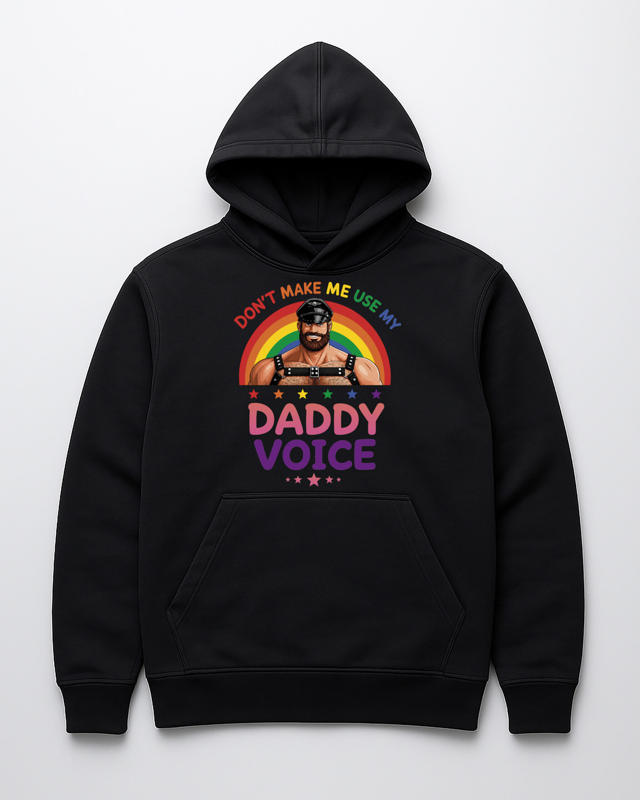 Czarna bluza z kapturem z napisem „Don't make me use my daddy voice” i tęczą.