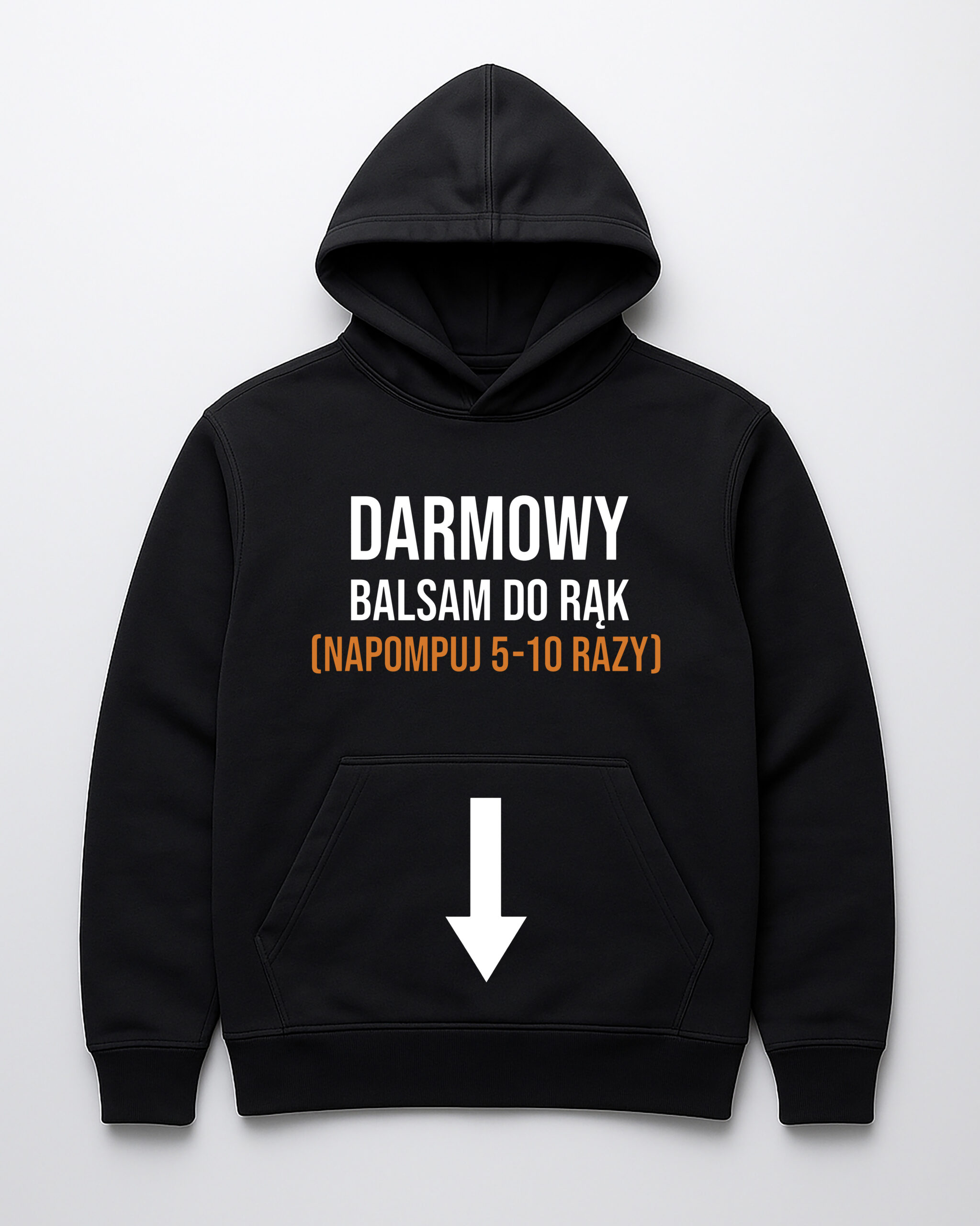Czarna bluza z kapturem z napisem o darmowym balsamie do rąk i instrukcją aplikacji.