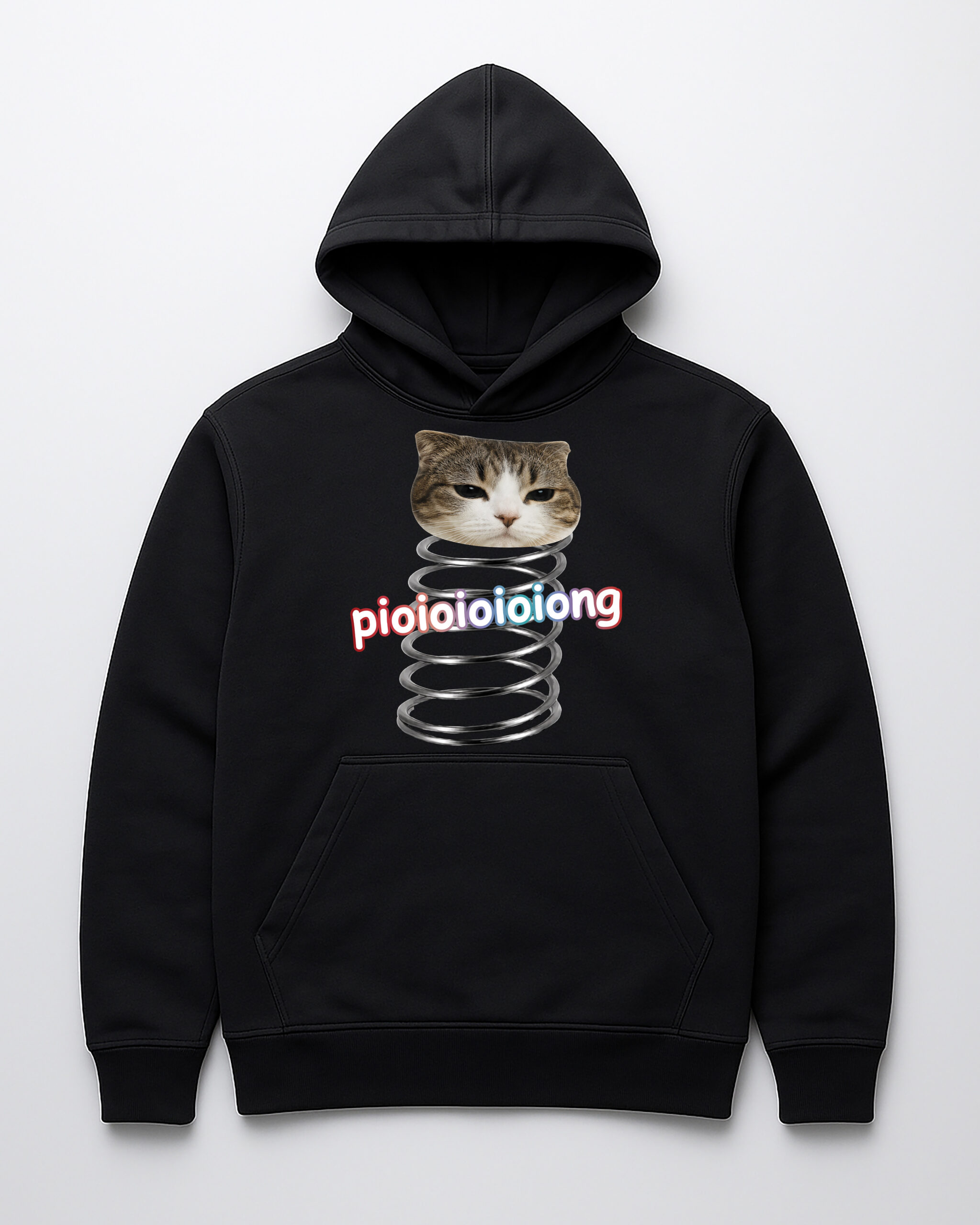 Hoodie z kotem i napisem pioioioiong w modnym, czarnym kolorze.