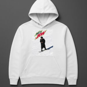Hoodie z nadrukiem Mtn Dew, na tle śnieżnym, osoba na nartach.