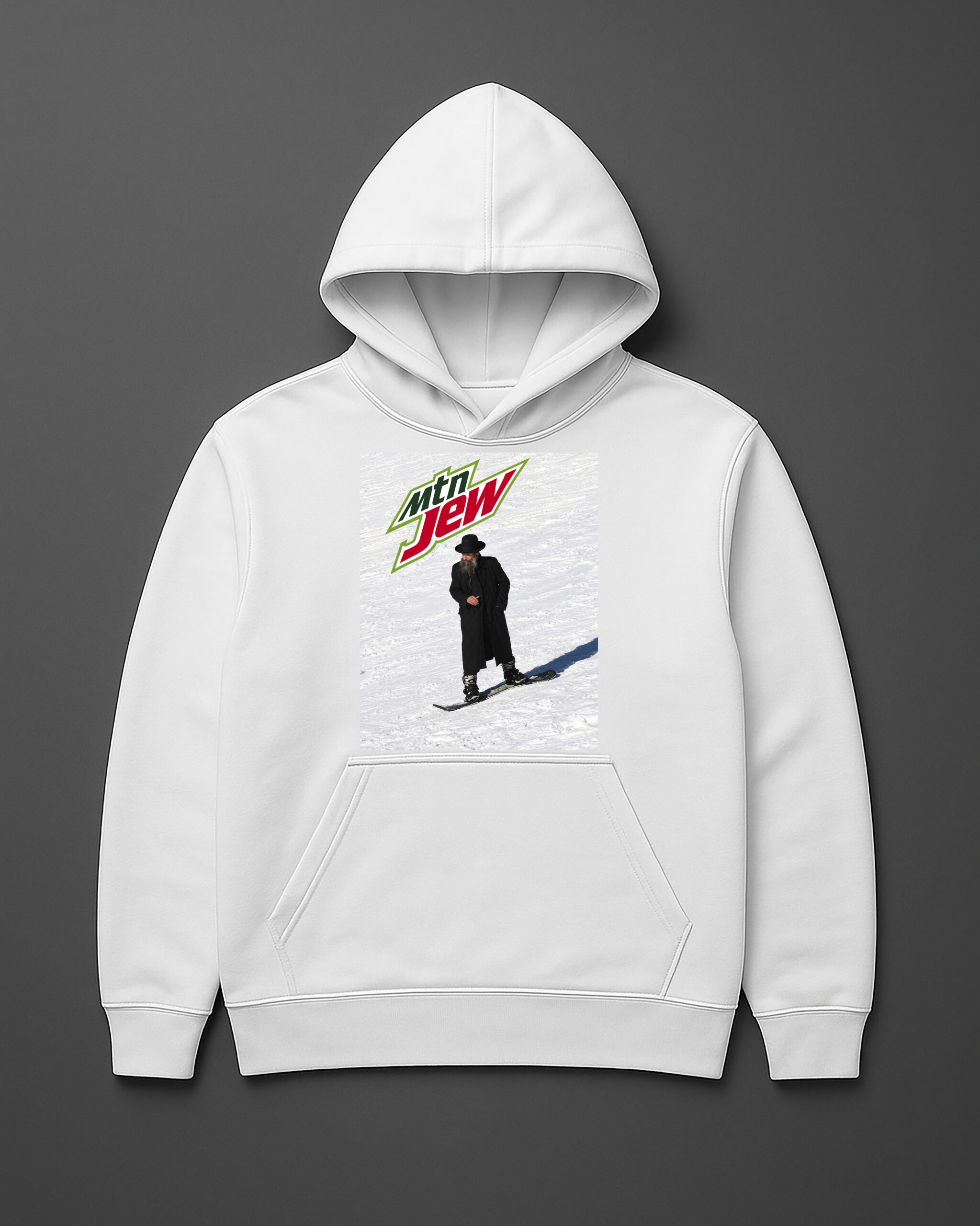 Hoodie z nadrukiem Mtn Dew, na tle śnieżnym, osoba na nartach.