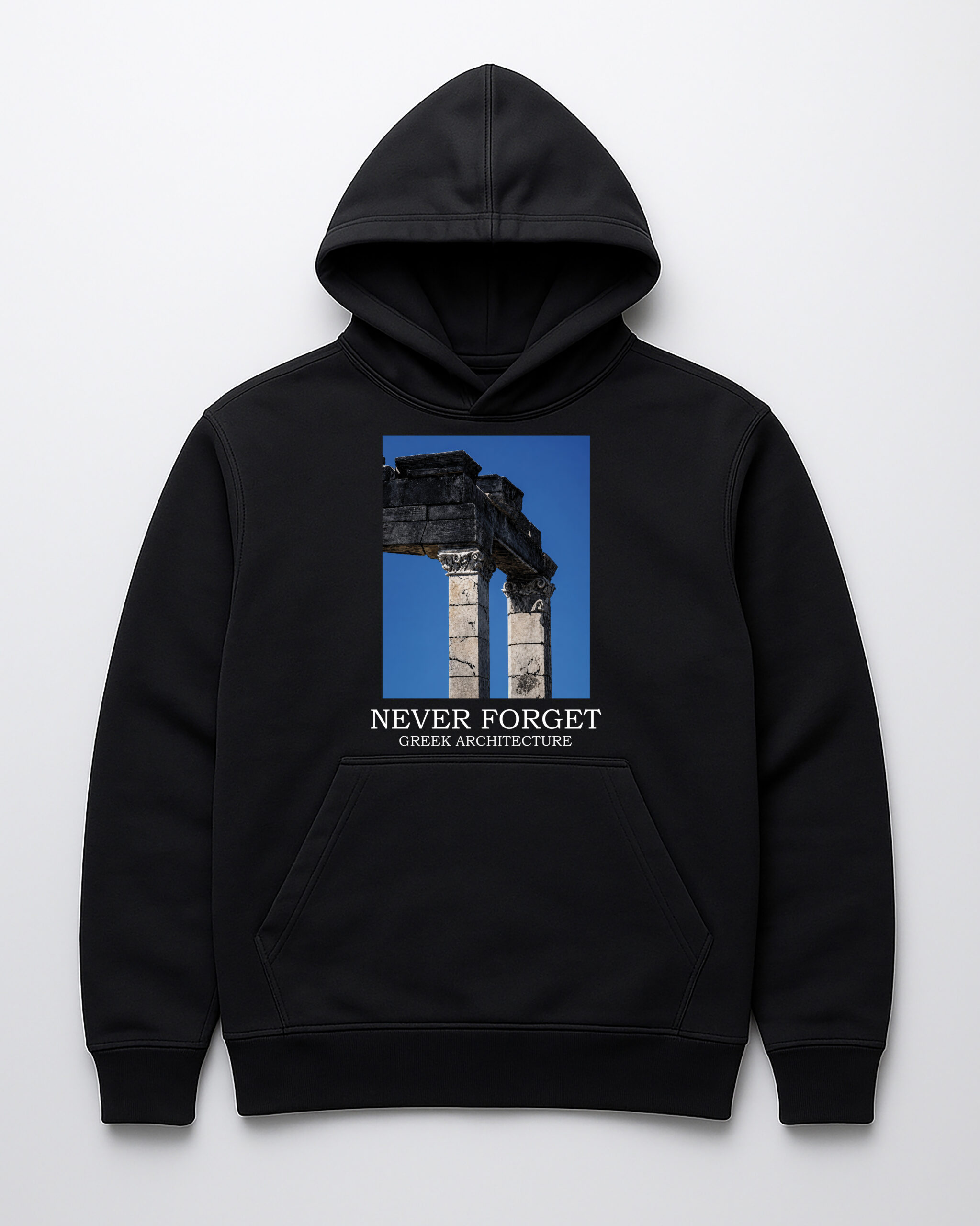 Kaptur z nadrukiem greckiej architektury i hasłem Never Forget.