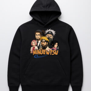 Hoodie z postaciami z anime, napis Ninjuwtsu, czarny kolor, casualowy styl.