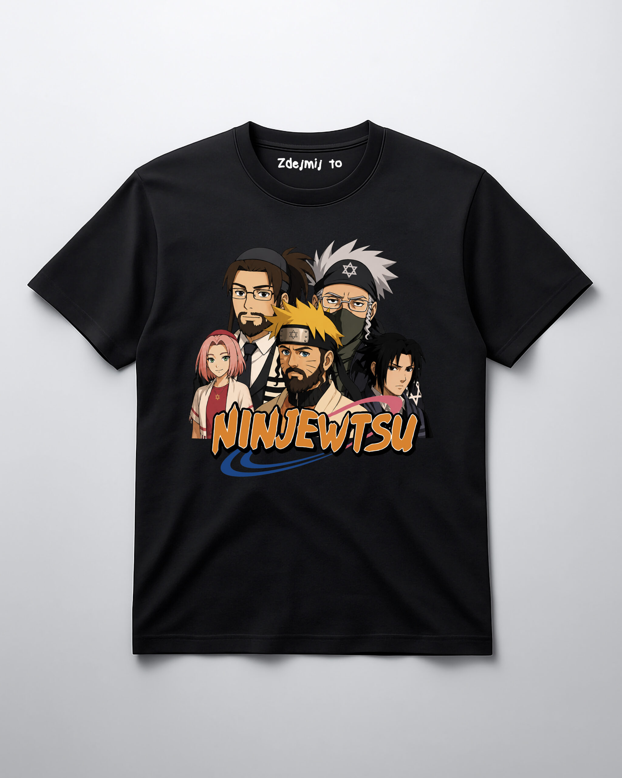 Koszulka z postaciami ninja z popularnego anime, z napisem Ninjustu.