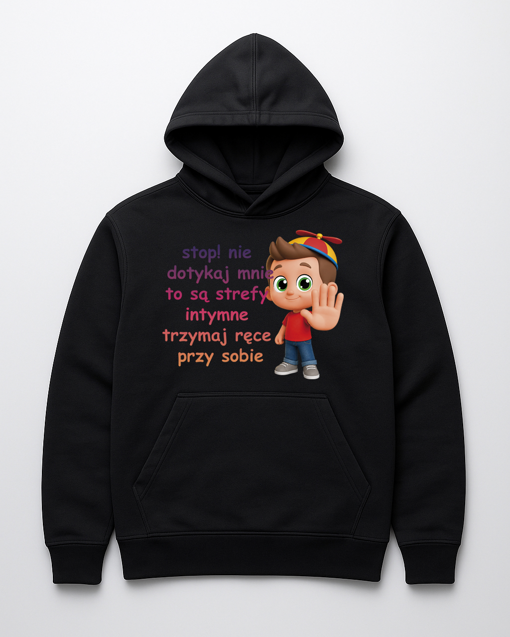 Hoodie z napisem Stop! Nie dotykaj mnie, to są strefy intymne i uśmiechniętym dzieckiem.
