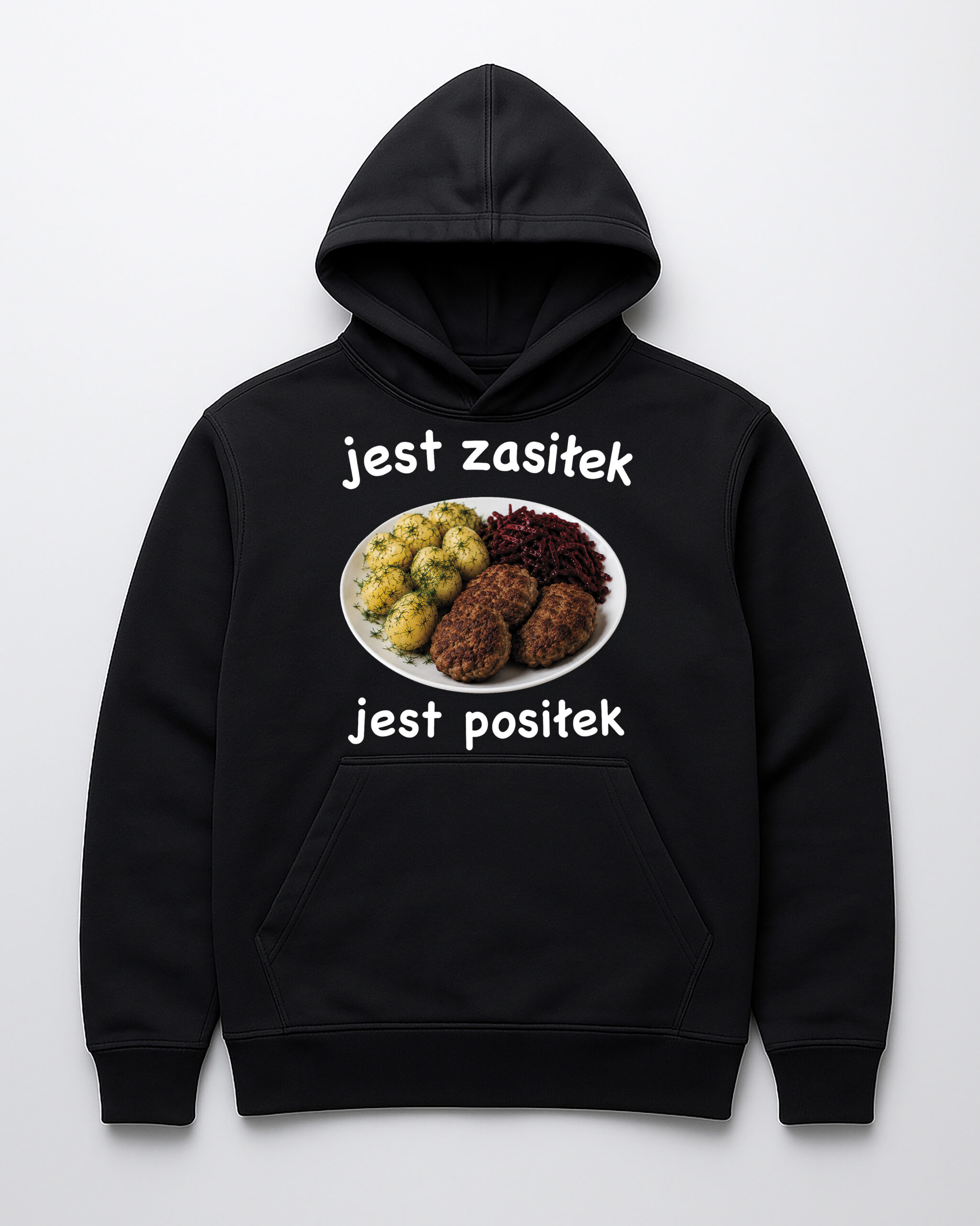 Solidny czarny hoodie z grafiką przedstawiającą smakowite jedzenie i tekstem.